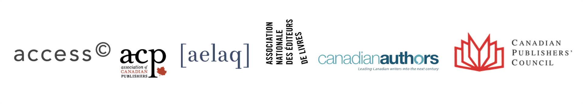 The logos for Access Copyright, ACP, AELEAG, ANEL, Canadian Authors, and Canadian Publishers' Council.