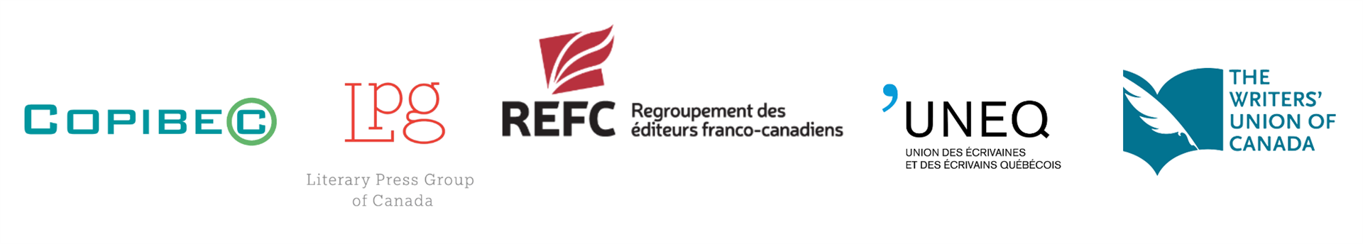 The logos of Copibec, LPG, REFC, UNEQ, and the Writers' Union of Canada.